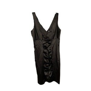 Calvin Klein Black Silk Satin Ruched Gathered Bodycon Inset Sexy V Neck Dress 8
